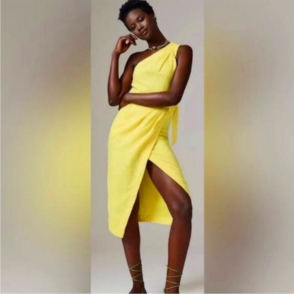Anthropologie One-Shoulder Linen Yellow Dress 14 Women’s Midi Wrap